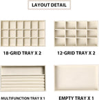 Frebeauty Jewelry Organizer Tray,Stackable Velvet Jewelry Trays,Drawer Inserts Earring Organizer For Women Jewelry Storage Display Case for Rings Stud Necklaces,Set of 6(Beige)