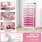 Rolling Cart with Drawers,10 Drawer Rolling Cart,Storage Cart,Utility Cart,Teacher Cart for Classroom Storage,Craft Cart with Wheels and Wooden Tabletop,Pink