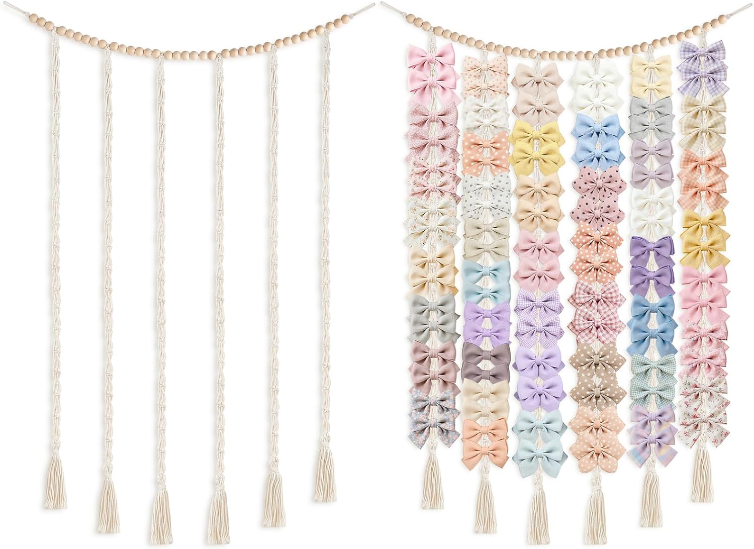 Dahey Macrame Bow Holder Hanging Hair Bow Organizer for Baby Girls Boho Wall Decor Handmade Headband Holder with wood beads Storage Hair Clips for Baby Nursery Room,1 PCS, Clips and Bows Not Included