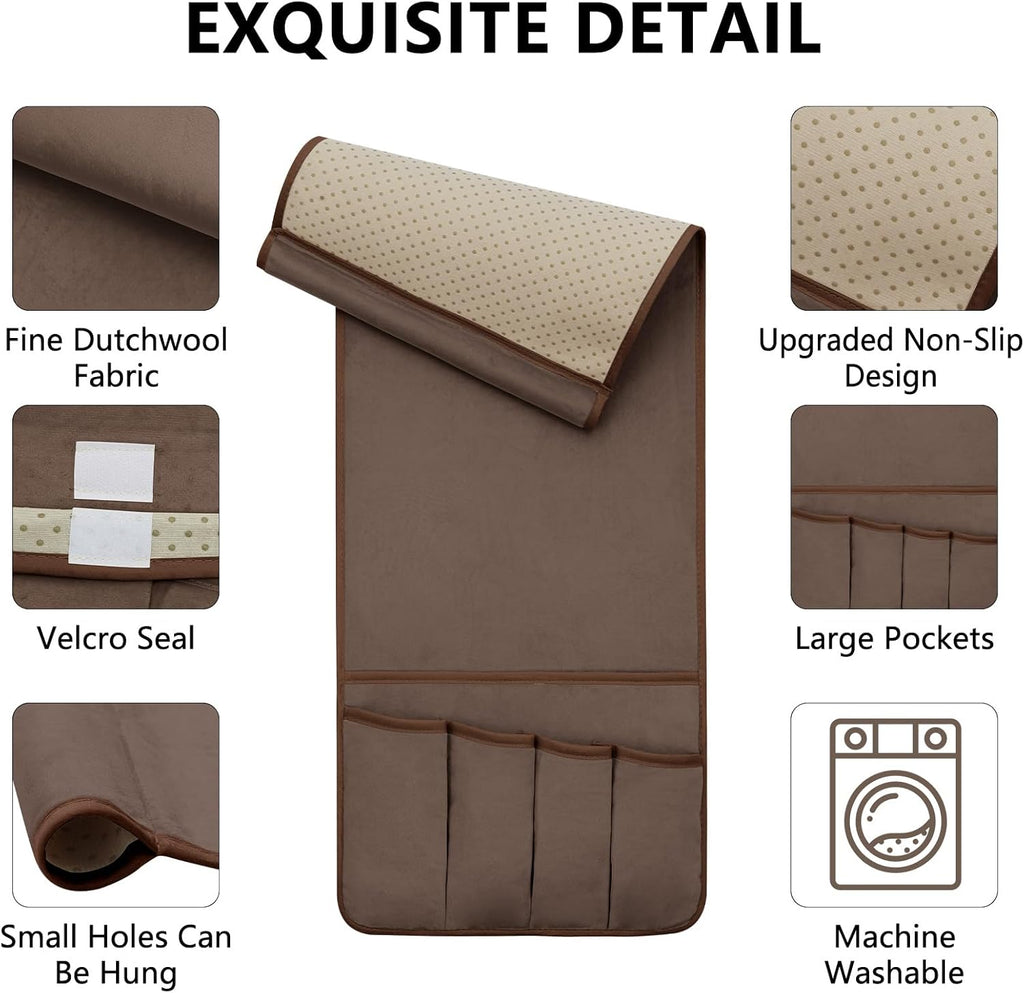 Remote Control Holder for Armchair, Couch Caddy Organizer TV Remote Holder for Bed Storage 5 Pockets, Remote Caddy Bedside Organizer Bedside Table Organizer (Brown, 35"x12.4")