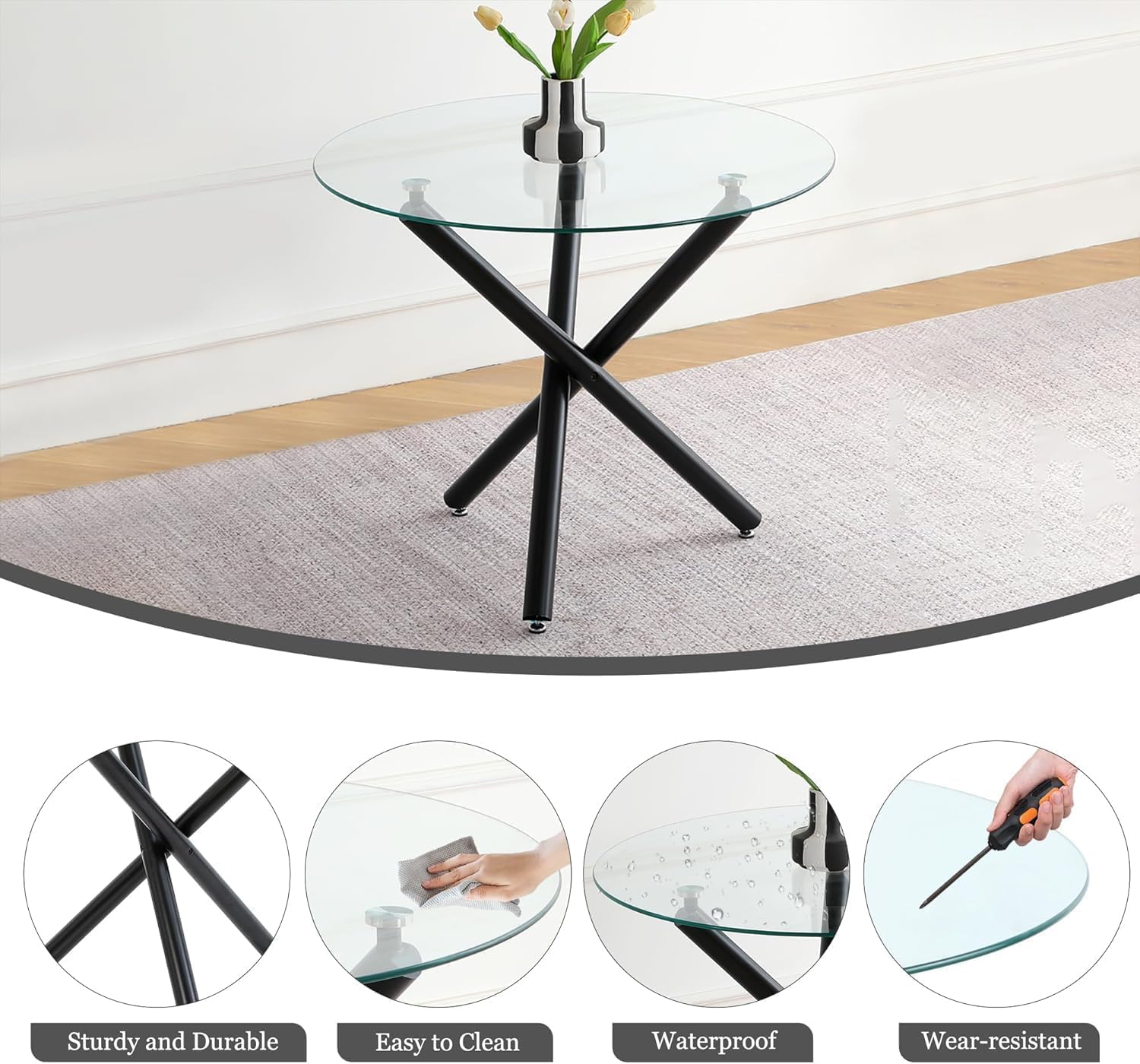 Modern Luxury Round Glass Dining Set for 4, 5 Pcs Small Minimalist Circle Kitchen Table Set, 36'' Clear Circular Glass Top Dinner Room Set, Yellow High-end Tufted Chairs, for Apartment (Black)