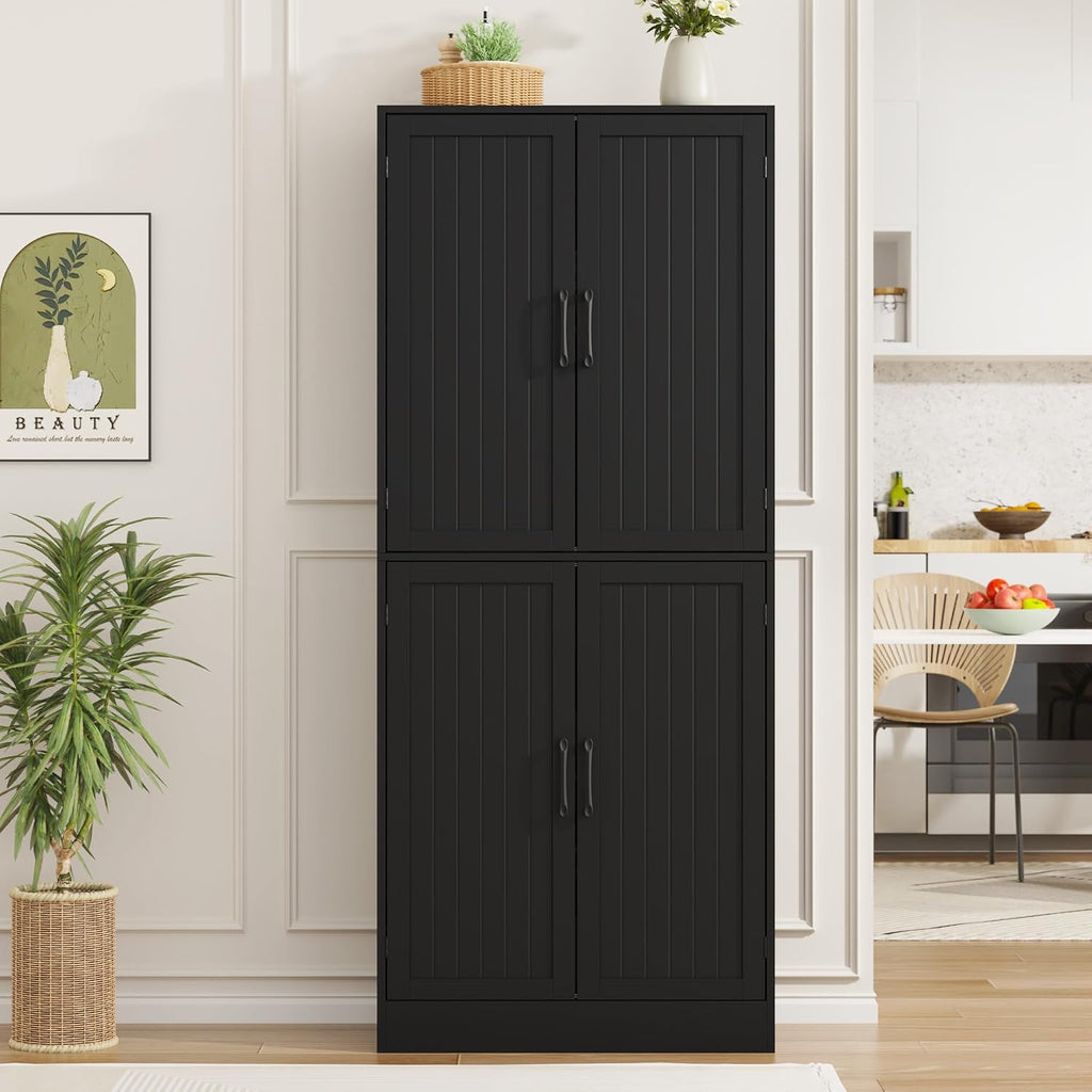 MHOM 71" Farmhouse Pantry Cabinet, Tall Storage Cabinet with 4 Doors and Adjustable Shelves, Freestanding Pantry for Dining Room, Kitchen, and Living Room, Black