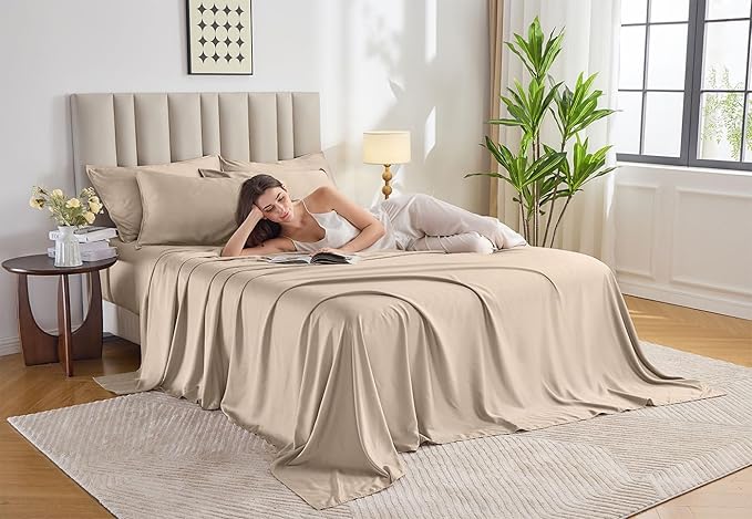 King Sheets by Pure Bamboo, Genuine 100% Organic Viscose Derived from Bamboo Bed Sheet Set, Luxuriously Soft & Cooling, Double Stitching, Lifetime Quality Promise (King, Almond)
