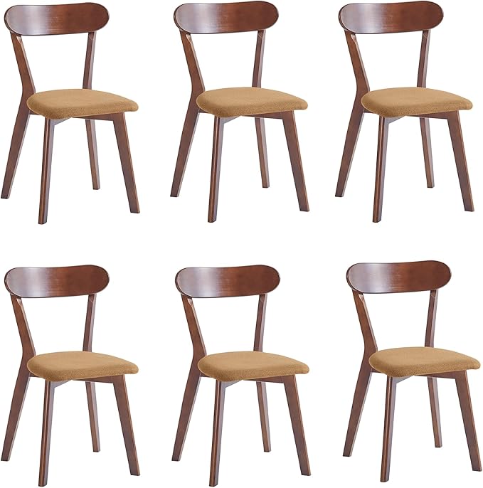 Walnut Solid Wood Chairs Set of 6 for Living Room and Home Kitchen, with Khaki Fixed Cushion (Louis-6 Walnut, Walnut/Khaki)