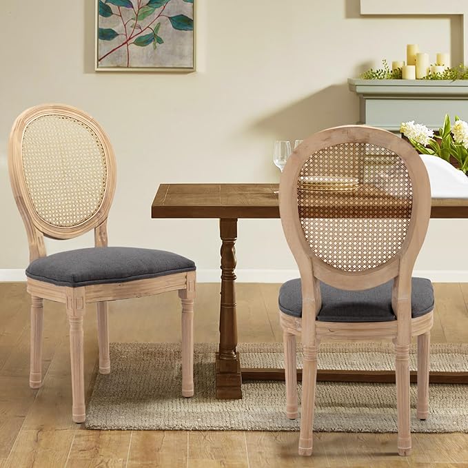 Rattan Back Upholstered Dining Chairs Set of 2 French Country Oval Kitchen Side Chairs with Wood Legs for Dining Room, Kitchen, Restaurant(Dark Grey-Rattan)