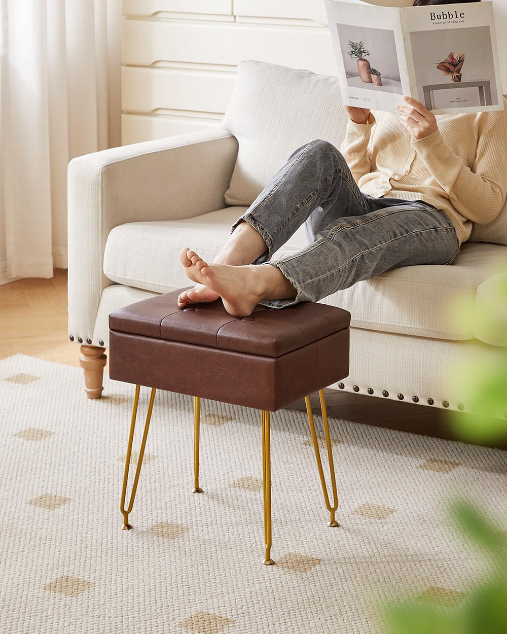 IBUYKE PU Storage Vanity Stool with Flip Tabletop, Ottoman, Brown WBD014Z | M...