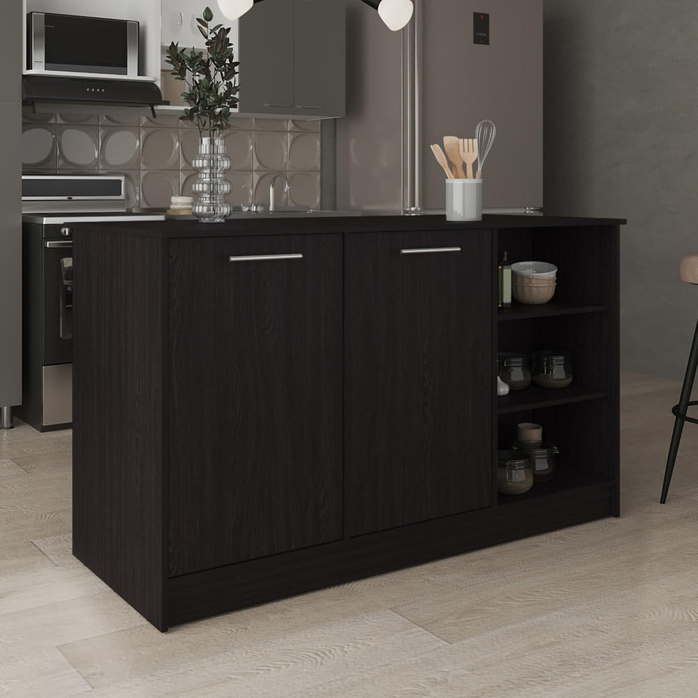 Kitchen Island with Three Open Shelves and Two Cabinets | Spacious countertop...