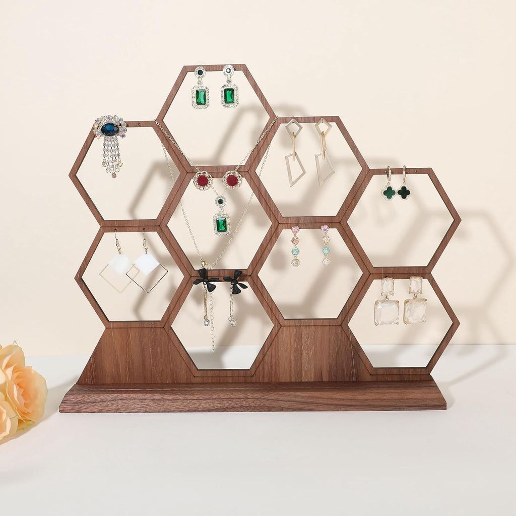 GemeShou hexagonal jewelry earring display stands for selling, wooden necklace jewelry organizer hanging, walnut earring hanger dangle holder for show, home decor【Jewelry shelf-Hexagon】