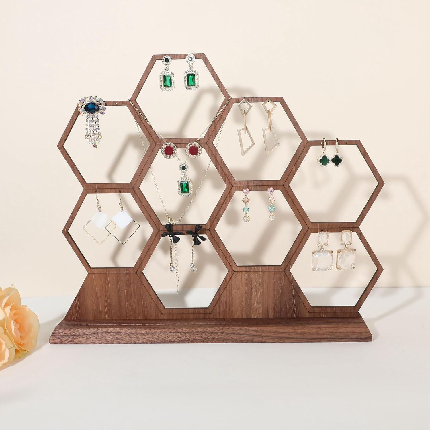 GemeShou hexagonal jewelry earring display stands for selling, wooden necklace jewelry organizer hanging, walnut earring hanger dangle holder for show, home decor【Jewelry shelf-Hexagon】