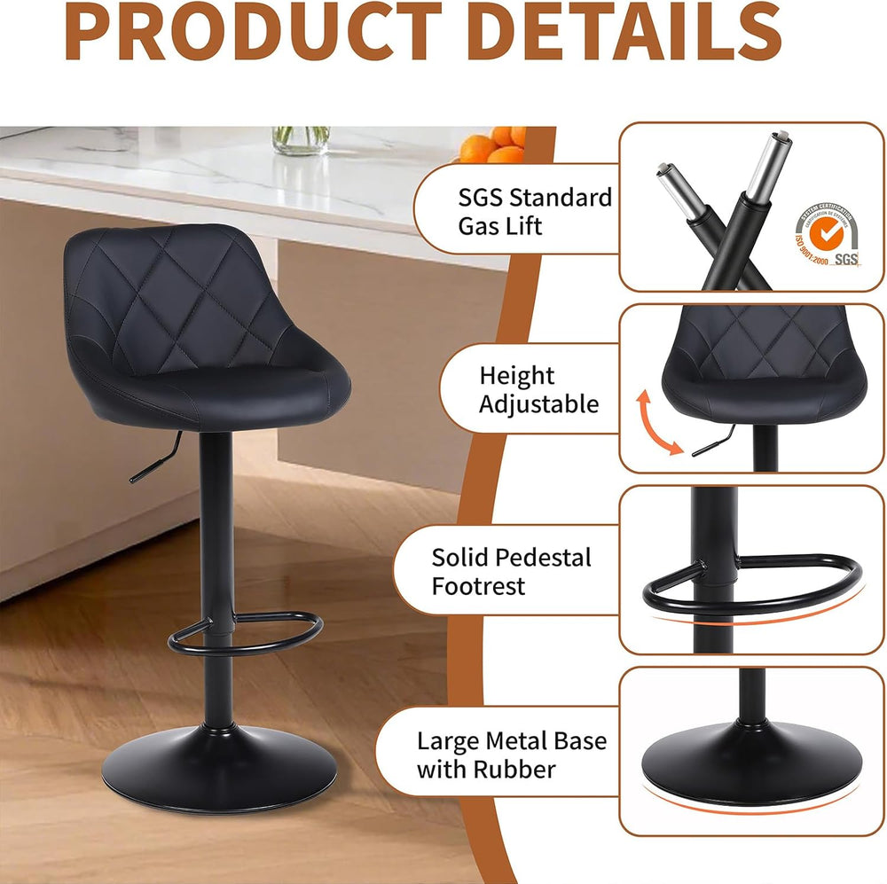 Swivel Bar Stools Set 1, Adjustable Height, PU Leather, Black