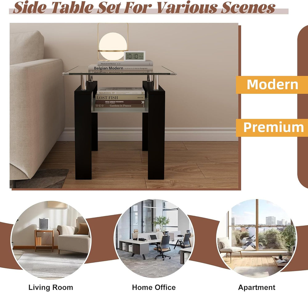 2-Tier End Table with Tempered Glass Top and MDF Frame, Modern Black Square S...