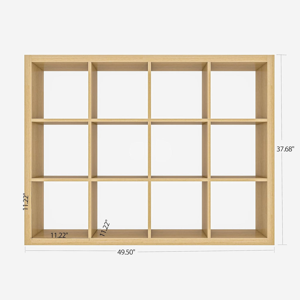 furtble Bookshelf with Storage Bins, 12-Cube Storage Organizer, Modern Wood Open Bookcase, Multifunctional Display Shelf for Living Room, Bedroom, Home Office, Oak