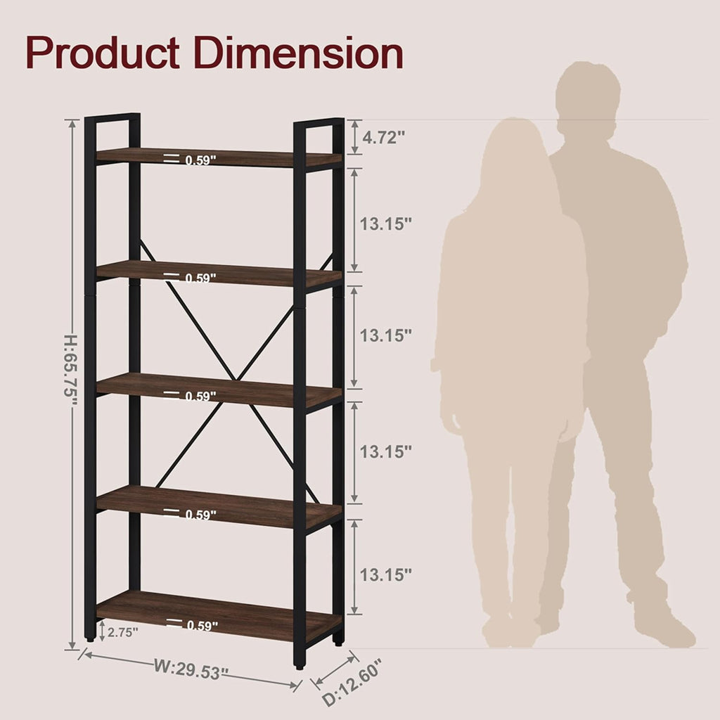 5 Tier Industrial Bookshelf, Rustic Etagere Bookcase for Display, Vintage Shelving Unit Wood and Metal Tall Book Shelves for Home Office (Dark Walnut)