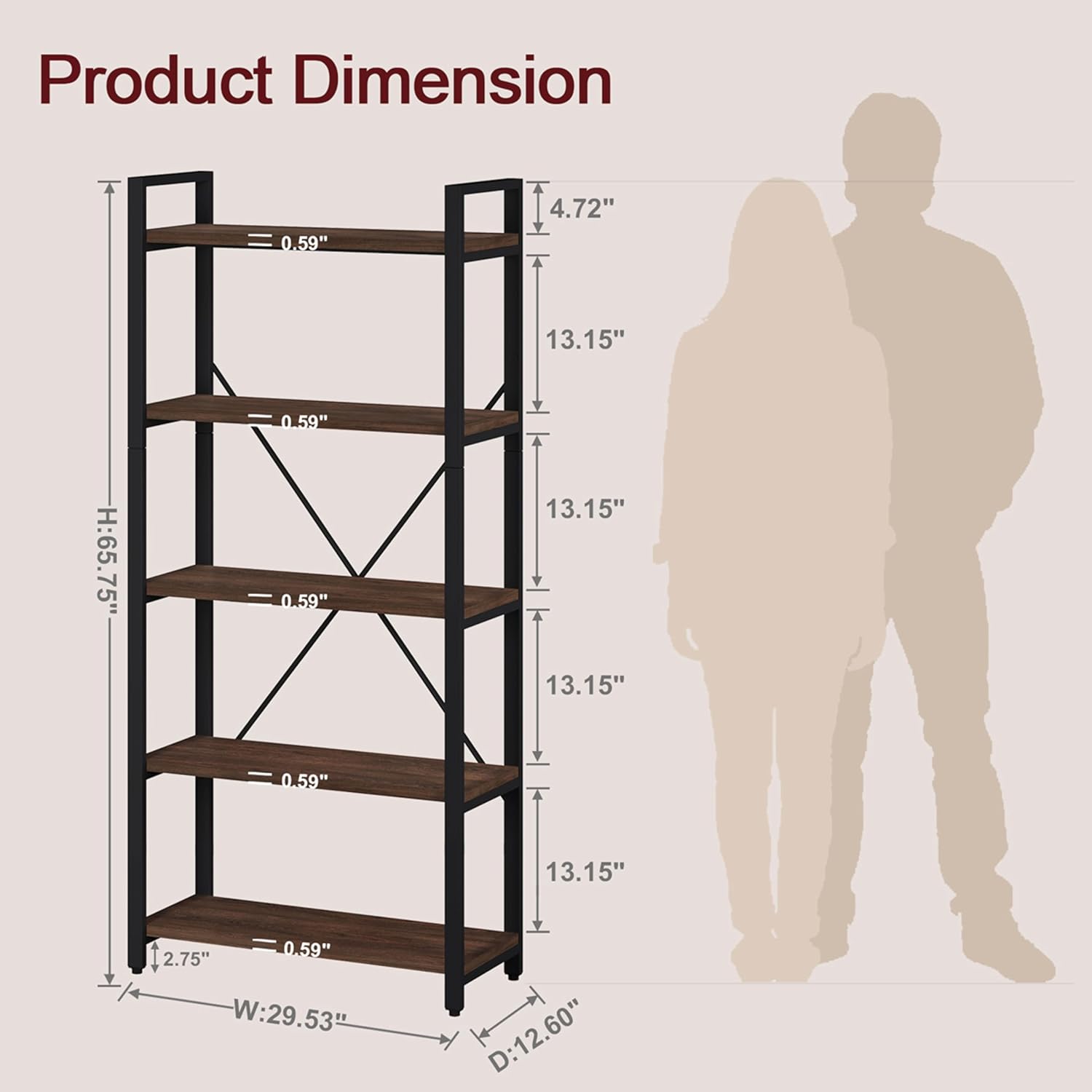 5 Tier Industrial Bookshelf, Rustic Etagere Bookcase for Display, Vintage Shelving Unit Wood and Metal Tall Book Shelves for Home Office (Dark Walnut)