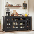 SAVOR LIFE 60-Inch Sideboard Buffet with Glass Doors, Black | 60-inch wood buffet with four glass doors, adjustable shelves and open storage for tableware, coffee bars and display