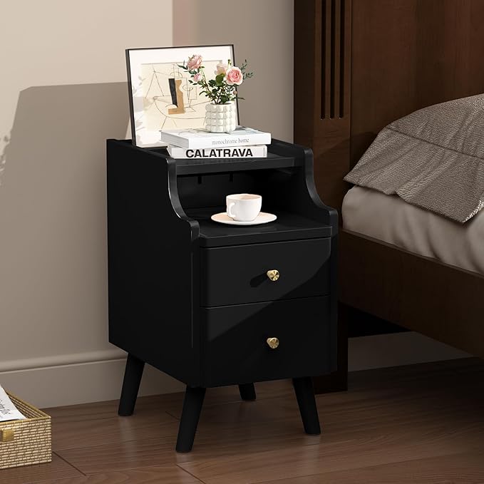Narrow Nightstand, Solid Wood Night Stand with 2 Drawers, White Mid Century M...