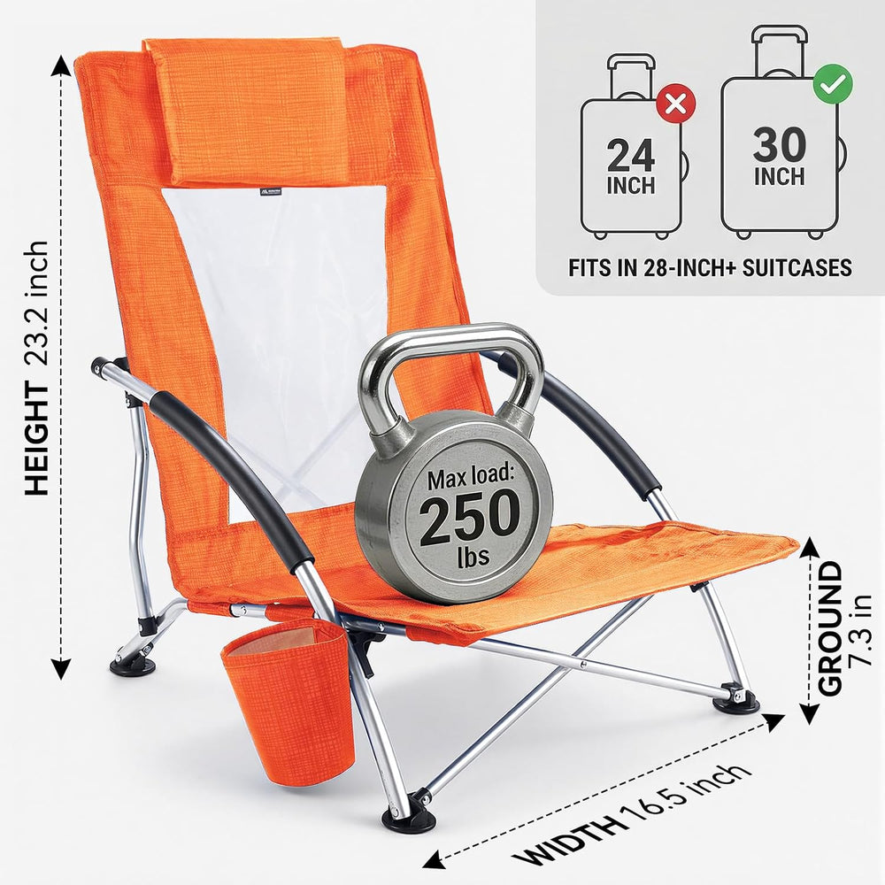 Huskfirm Low Beach Chairs 2 Pack, Aluminum Folding Beach Chair for Adults, Li...