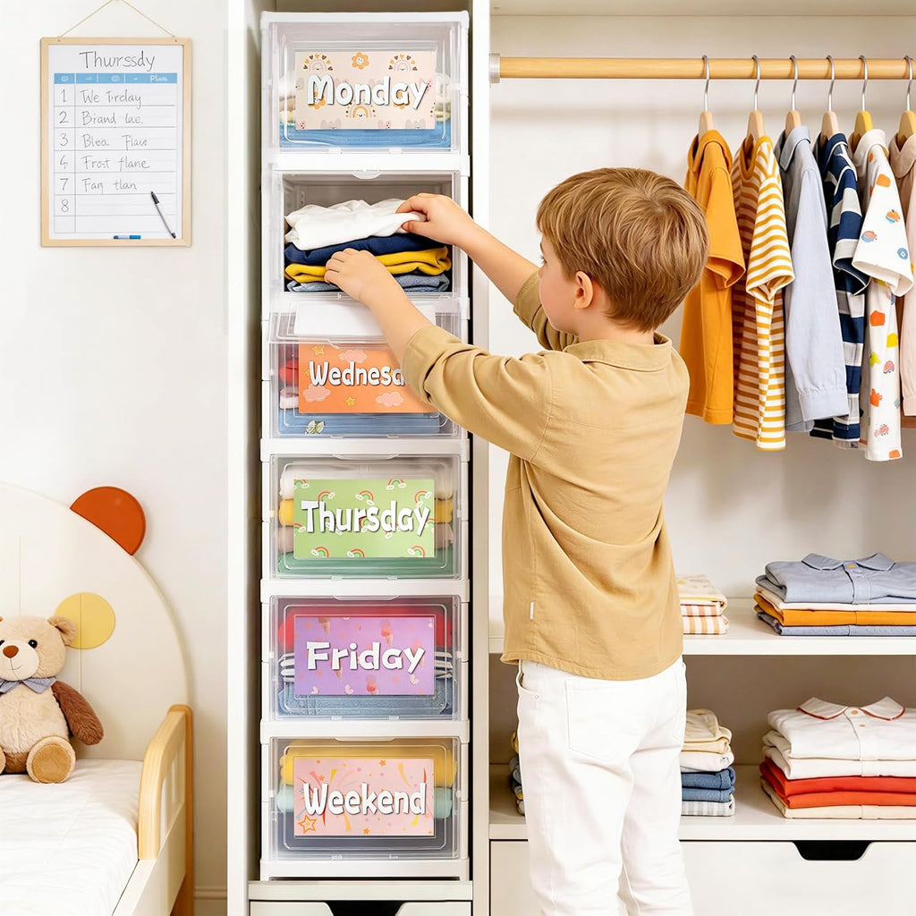 6 Shelf Weekly Clothes Organizer for Kids, Foldable Days of the Week Clothes Organizer with 18 Labels, Monday Through Weekend Essential Stuff Shoe Organizer, Kid Habit & Creativity Training