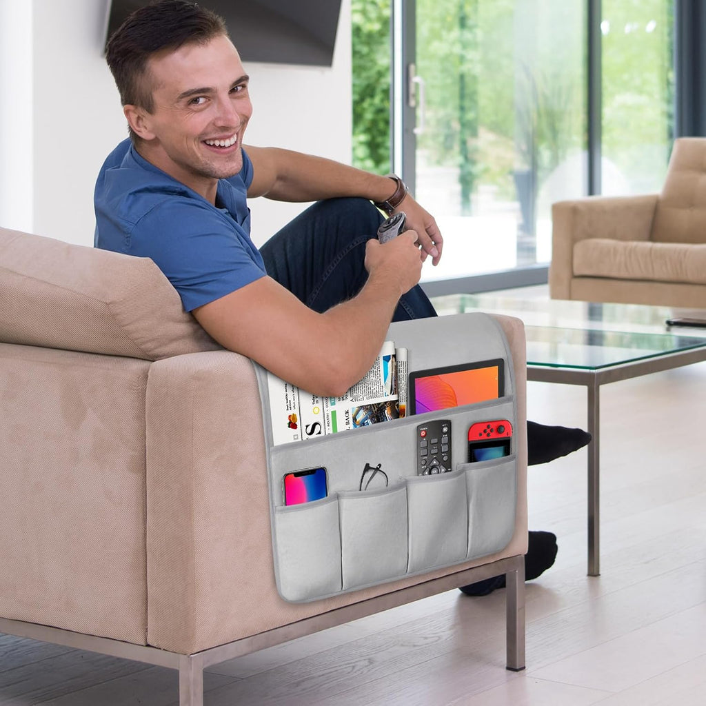 Remote Control Holder for Armchair，Couch Caddy Organizer TV Remote Holder for Bed Storage 5 Pockets，Remote Caddy Bedside Organizer Bedside Table Organizer (LightGray, 35''x18'')