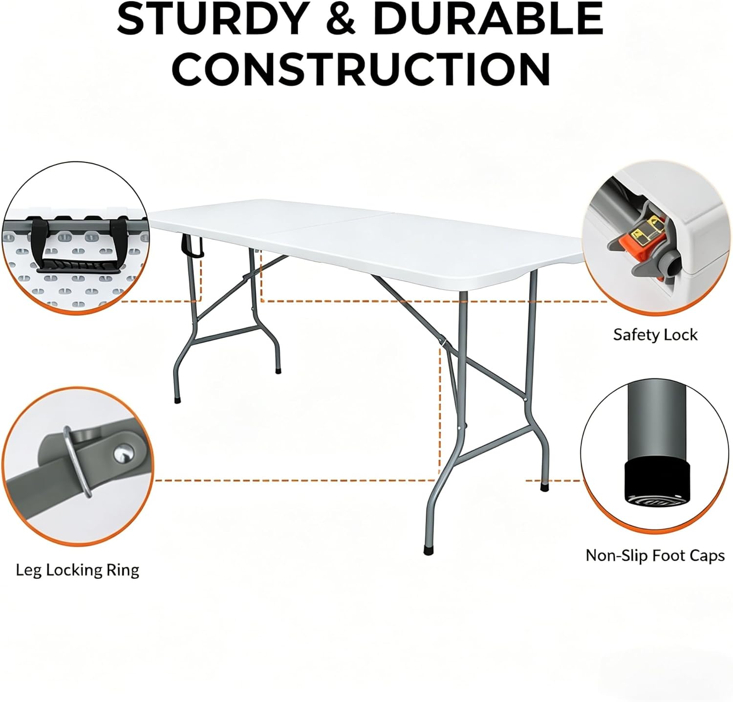 Folding Table 6ft Foldable Table with Built in Handle & Steel Legs / 6FT Heavy Duty Folding Portable,Perfect for Party, Dining Indoor/Outdoor Events, Tailgating & Backyard BBQ, White