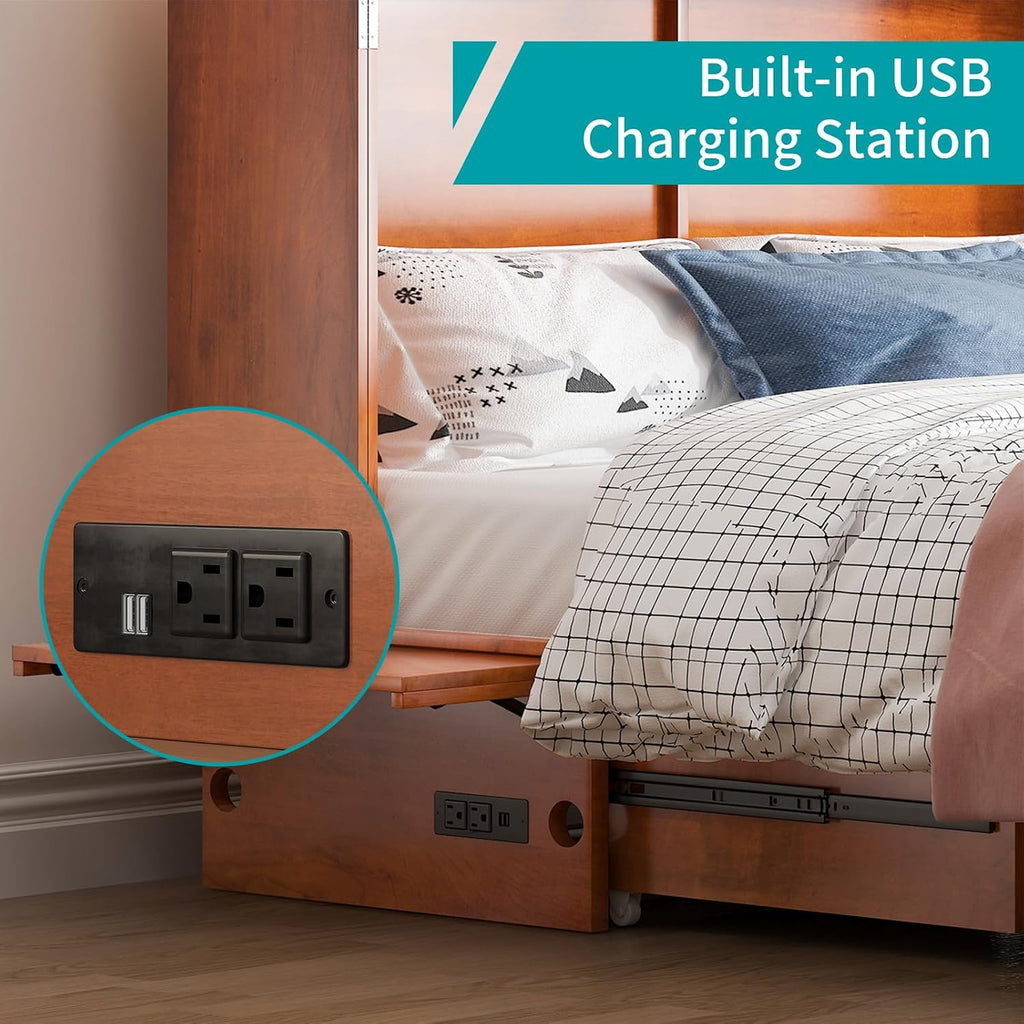 BALUS Queen Murphy Bed with Mattress Included, Chest Murphy Bed -Cherry | Tri-Fold Mattress, USB Charing Station, Spacious Drawer, Space Saving, Queen Bed Frame