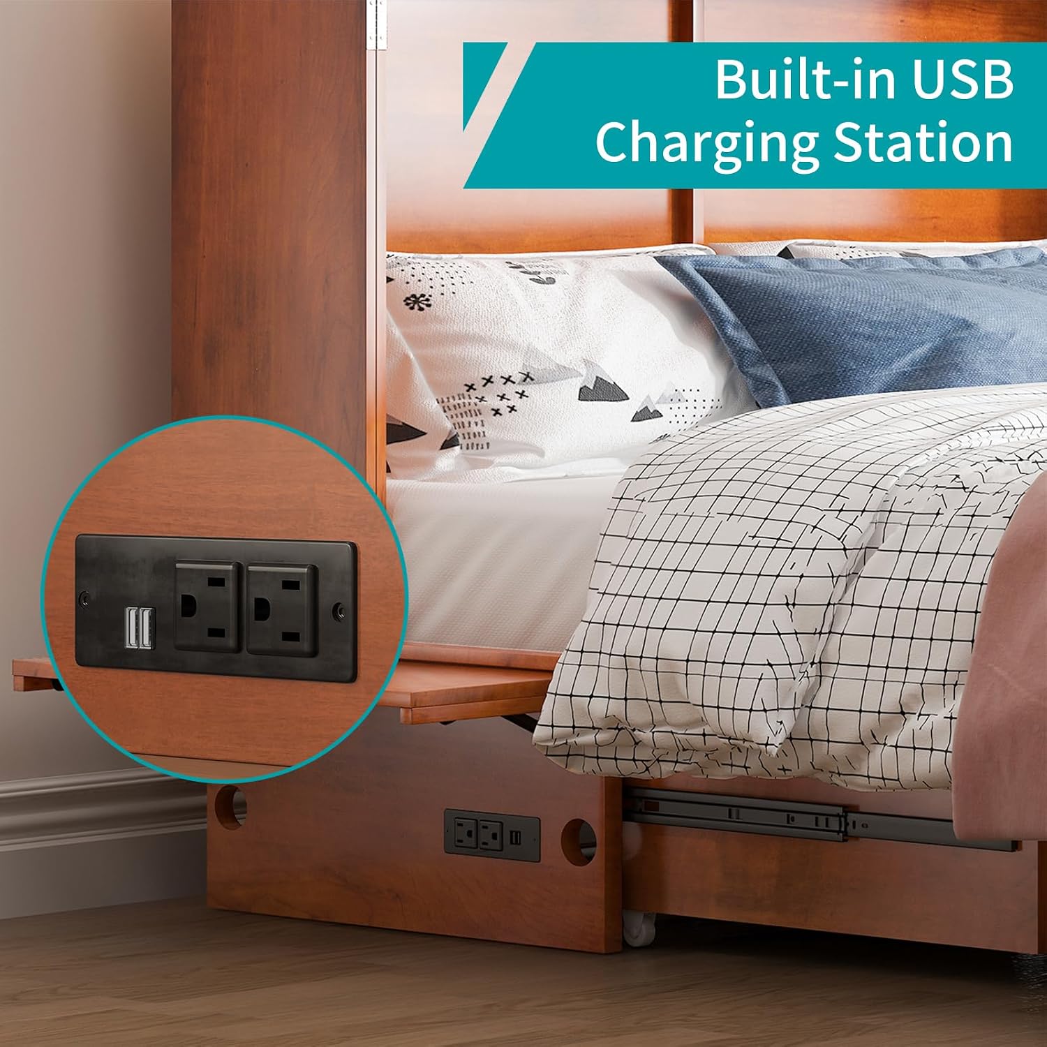BALUS Queen Murphy Bed with Mattress Included, Chest Murphy Bed -Cherry | Tri-Fold Mattress, USB Charing Station, Spacious Drawer, Space Saving, Queen Bed Frame