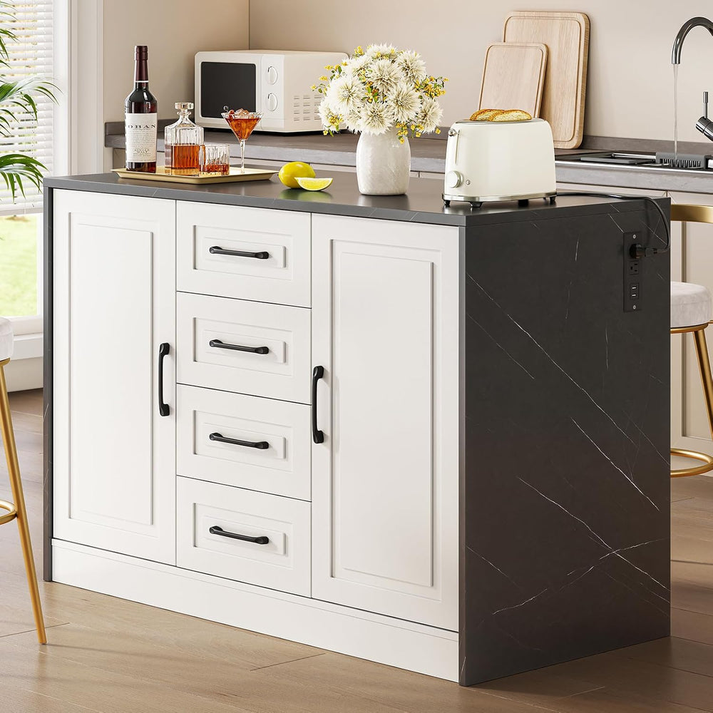Kitchen Island with 2 Storage Cabinets & 4 Drawers, Black+Imitation Marbl...