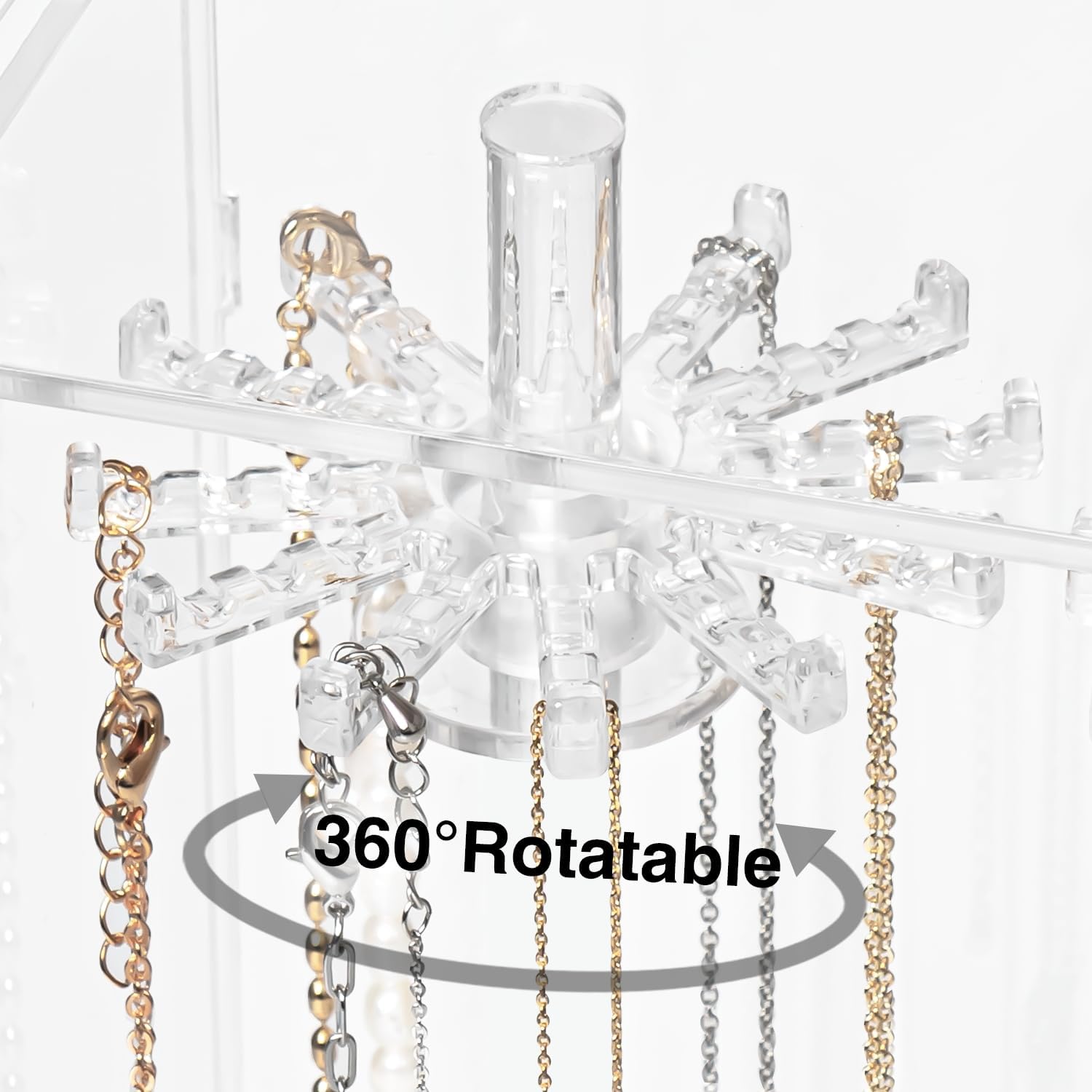 Necklace Holder, Acrylic Jewelry Organizer with 24 Hooks, Rotation Clear Necklaces Pendant Display Case Stand, Dust-proof Velvet Tray Hanging Rack Storage for Earrings Rings
