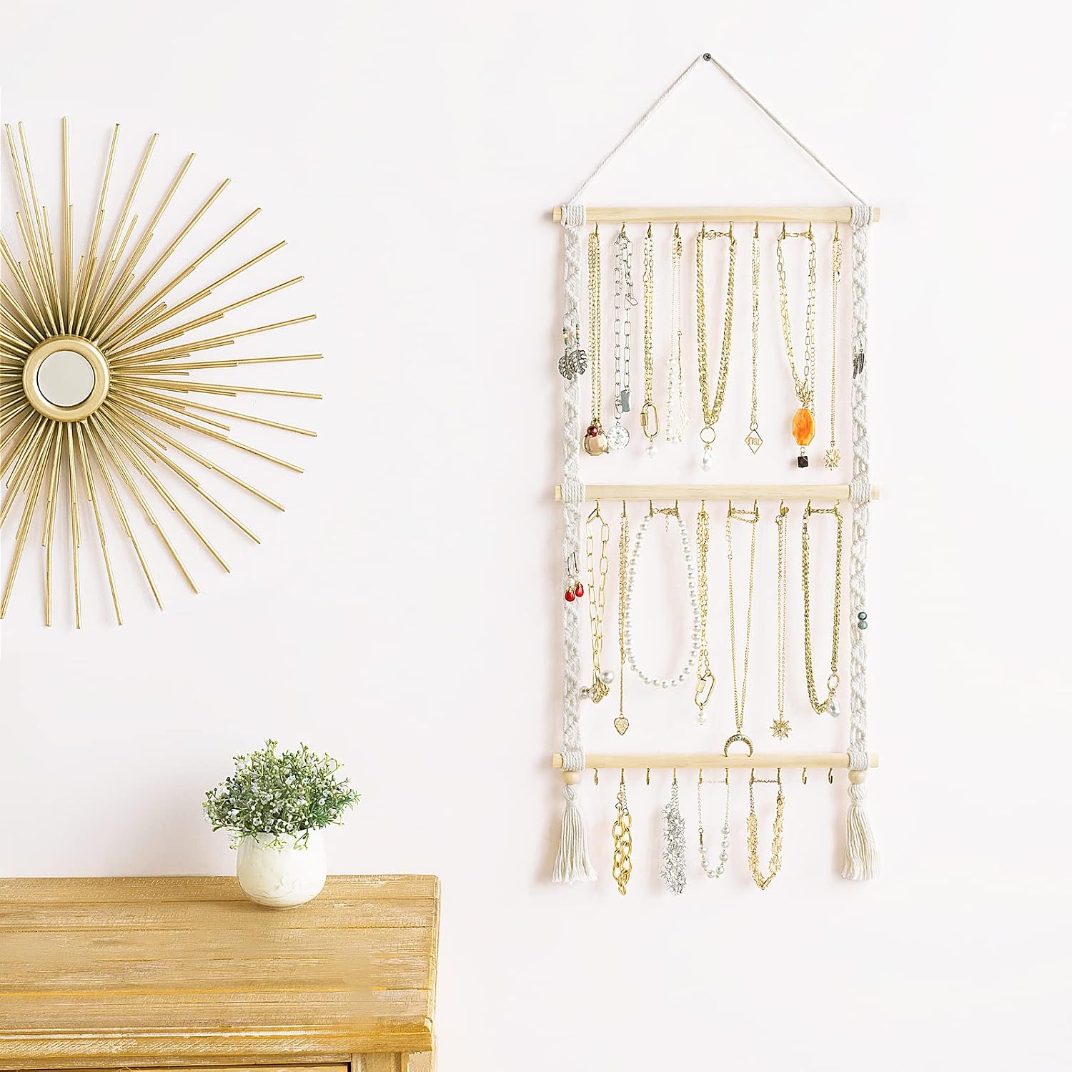 Dahey Hanging Jewelry Organizer Macrame Necklace Holder with 30 Hooks Wall Mounted Jewelry Hanger Over Door Necklace Rack with Tassel for Necklace Bracelet Earring Headband Bow Organizer