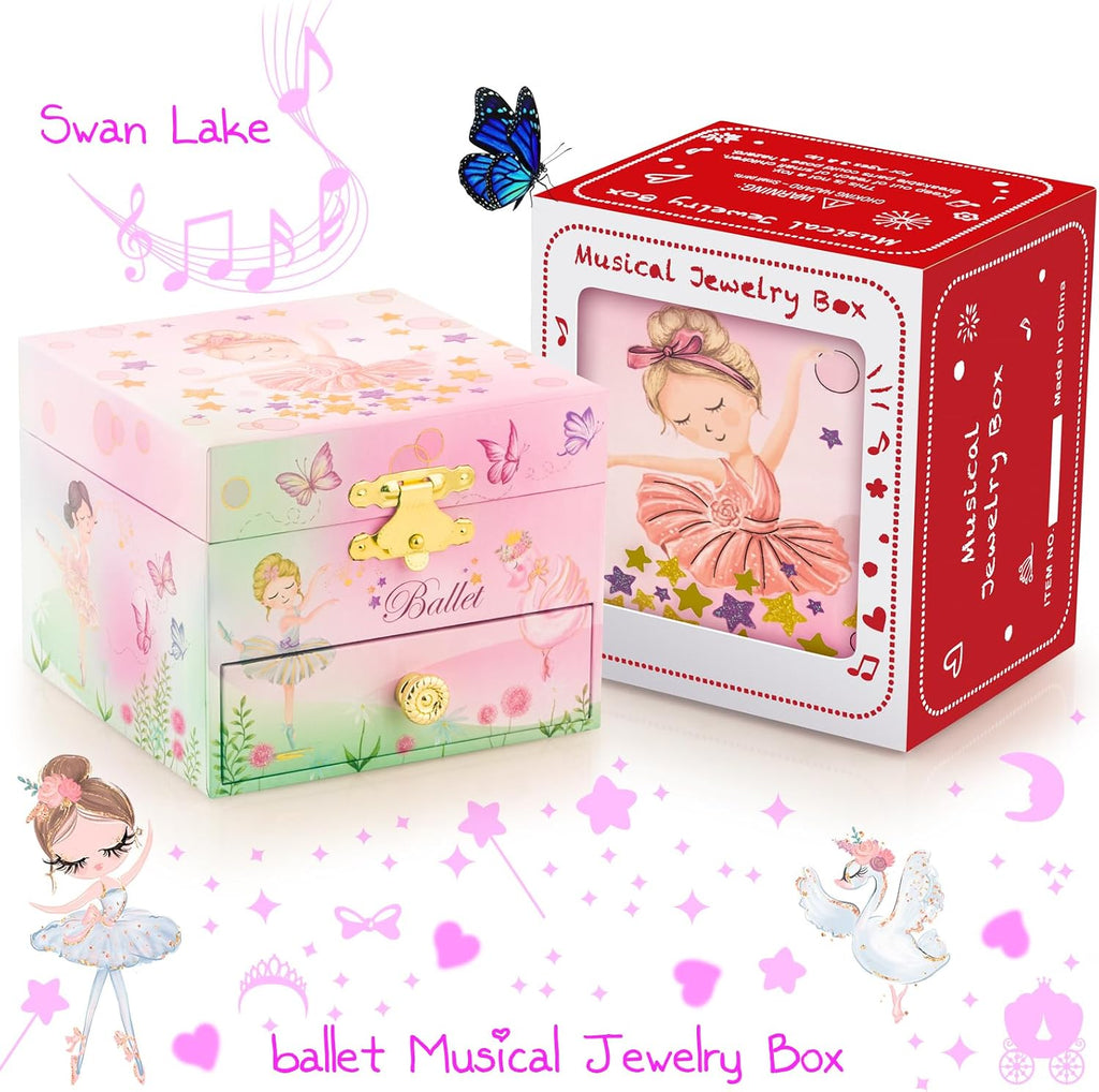 A&A Music Jewelry Box for Girls - Ballet Ballerina Theme with Spinning Doll & Swan Lake Melody, Pink Keepsake Box with Velvet Lining & Mirro
