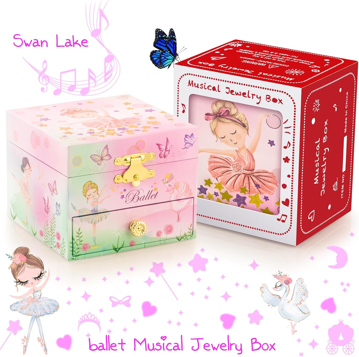 A&A Music Jewelry Box for Girls - Ballet Ballerina Theme with Spinning Doll & Swan Lake Melody, Pink Keepsake Box with Velvet Lining & Mirro