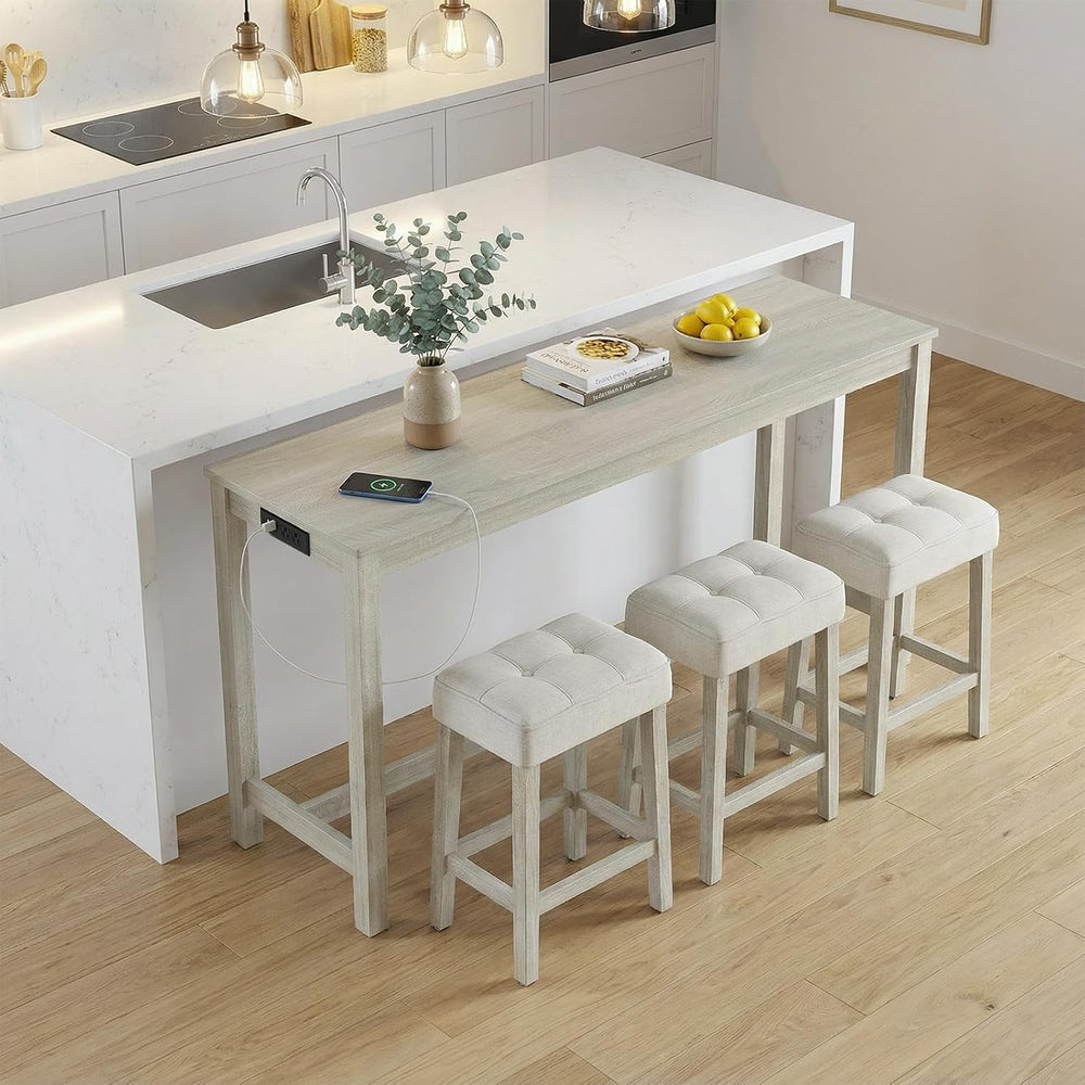 COSTWAY 4-Piece Breakfast Nook Bar Set with Built-in Charging Station | Count...