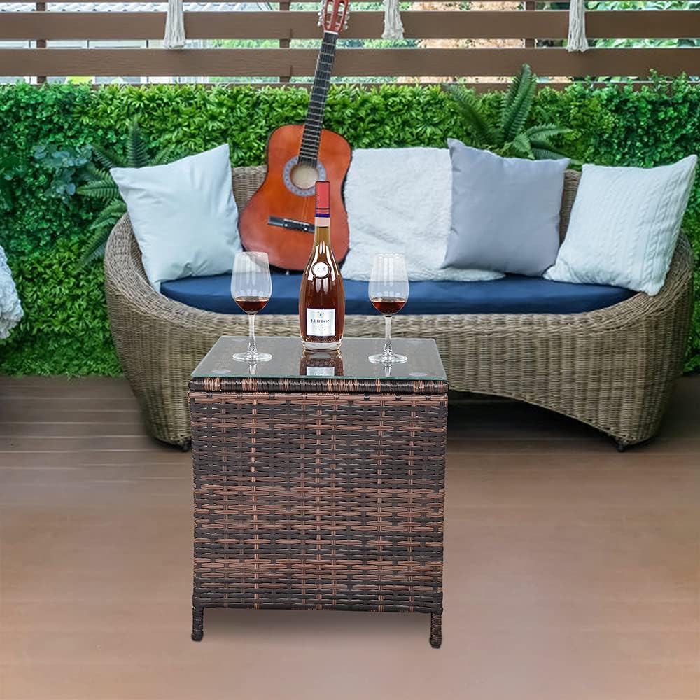 VINGLI Outdoor Wicker Side Table Patio Side Tables for Outside, Tempered Glas...