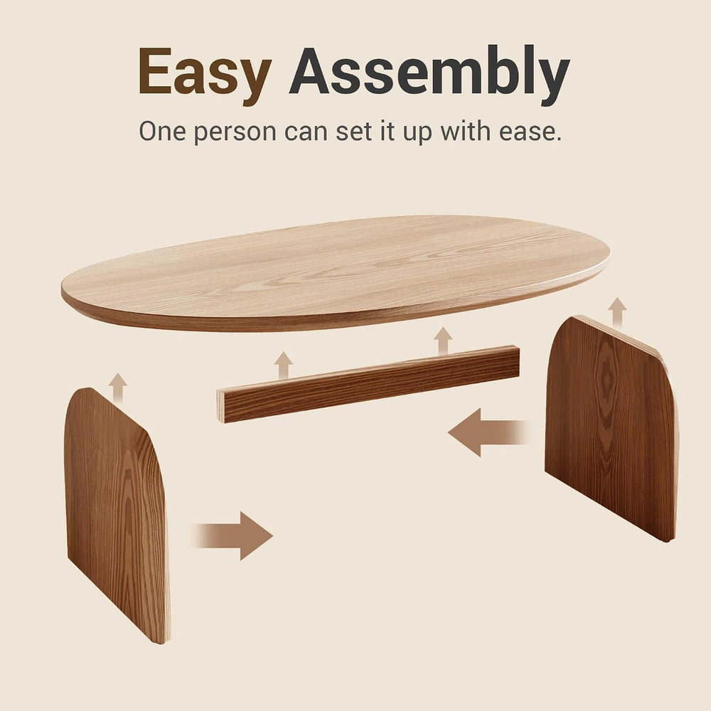 Honyee Small Oval Coffee Table, Oak Veneer Top with Solid Legs, Natural