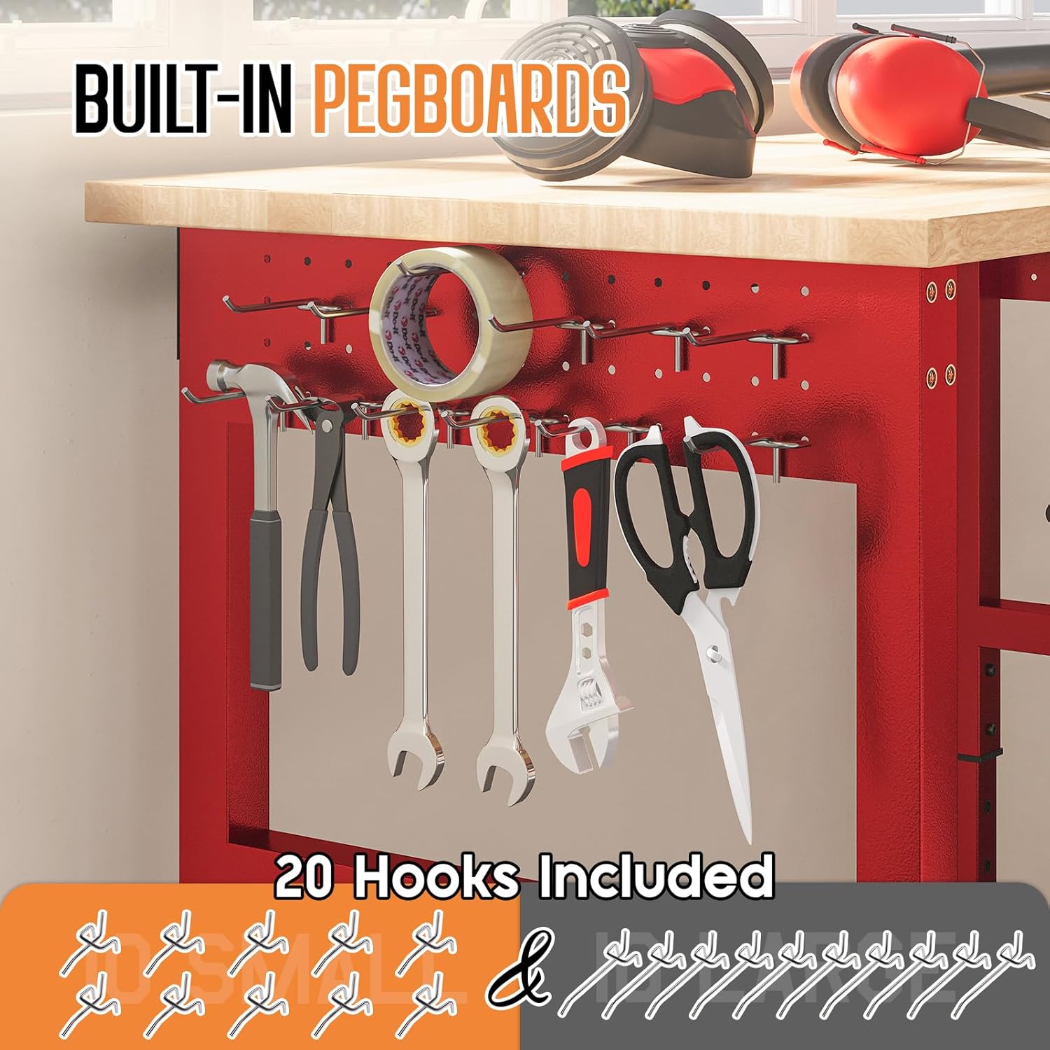 SPECRAFT 96" Red Adjustable Heavy Duty Workbench with 4 AC Outlet and 2 USB Ports Power Outlets, 6000 Lbs Capacity, Rubber Wood Top for Garage, Workshop, Office