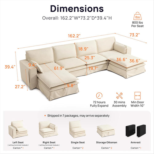 162" Washable Oversize Modular Sectional Sofa Couches for Living Room,Beige | Waterproof Performance Fabric, Cloud Couch Sectional with Fully Removable Cover, 4-Seater with 2 Storage Ottoman, U-Shaped