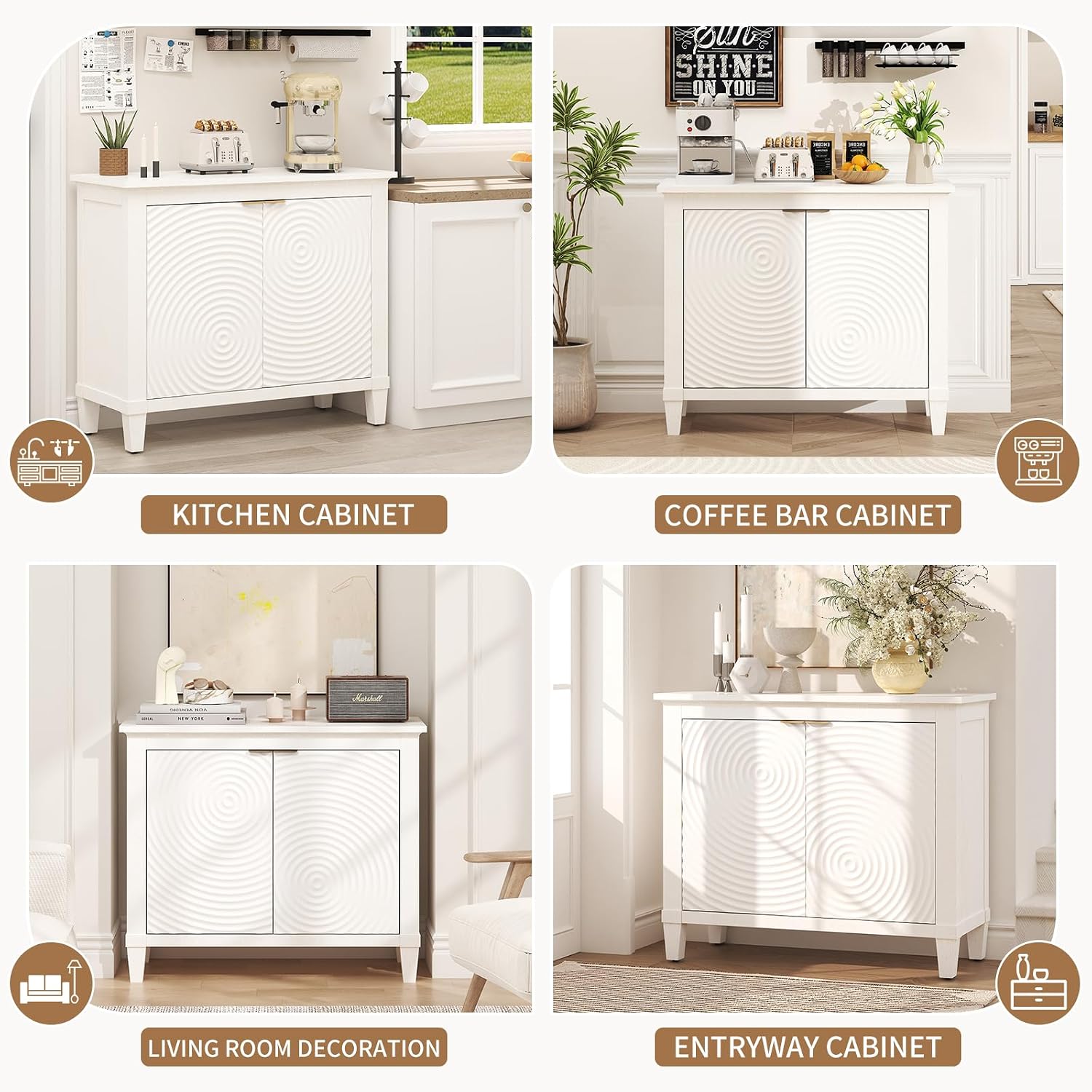 karlott Buffet Cabinet with Storage, Sideboard Accent Cabinet, Annual Ring | Distressed White, Pine Wood Frame, Craft Cabinet with Annual Ring Carved Motif, Sideboard Buffet for Kitchen, Living Room