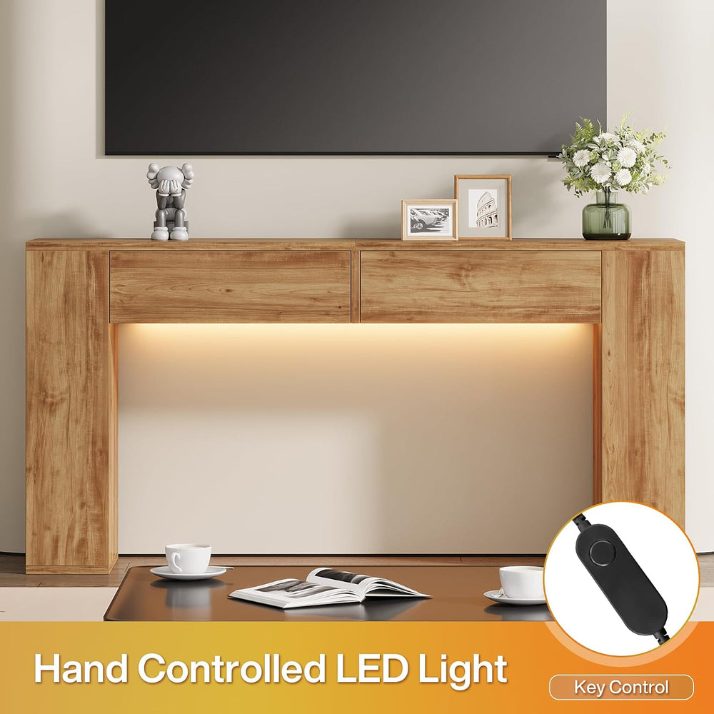 Farmhouse Console Table with LED Light and 2 Drawers, Natural Oak | 55 inch L...