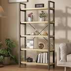 Real Solid Wood Rustic Vintage Industrial Etagere Bookshelf, Metal & Timber Free Vintage Bookcase, Retro Brown (Genuine Timber) (5-Tiers-Real Wood)