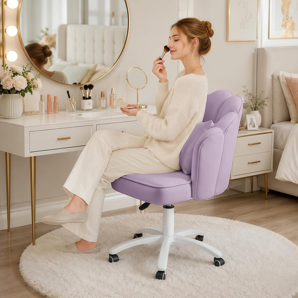 Vanity Chair with Wheels Velvet Petal Desk Chair Upholstered Tufted Home Offi...