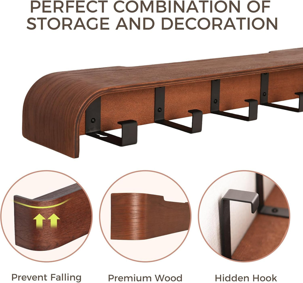 Wall Coat Rack Floating Shelves Modern Coat Rack Wall Mount with Storage Entryway Shelf Wooden Hanger 20 Inch 4 Hidden Metal Hooks for Living Room Bedroom (Walnut Color, 5 Hooks)