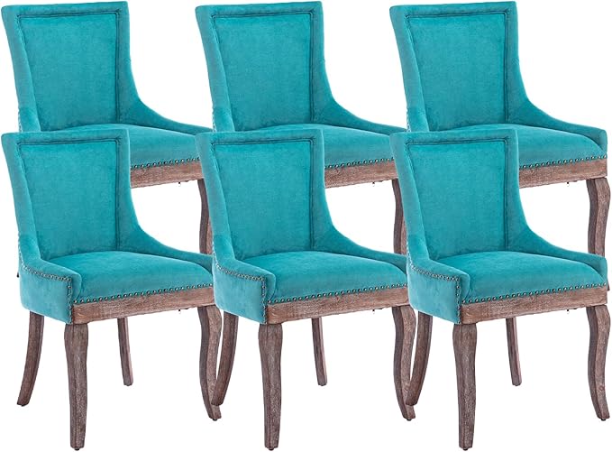Modern Dining Chairs Set of 6, High Back Dining Chairs Side Chairs with Solid Wood Legs, Upholstered Fabric Dining Room Chairs for Dining Room Kitchen, Lake Blue