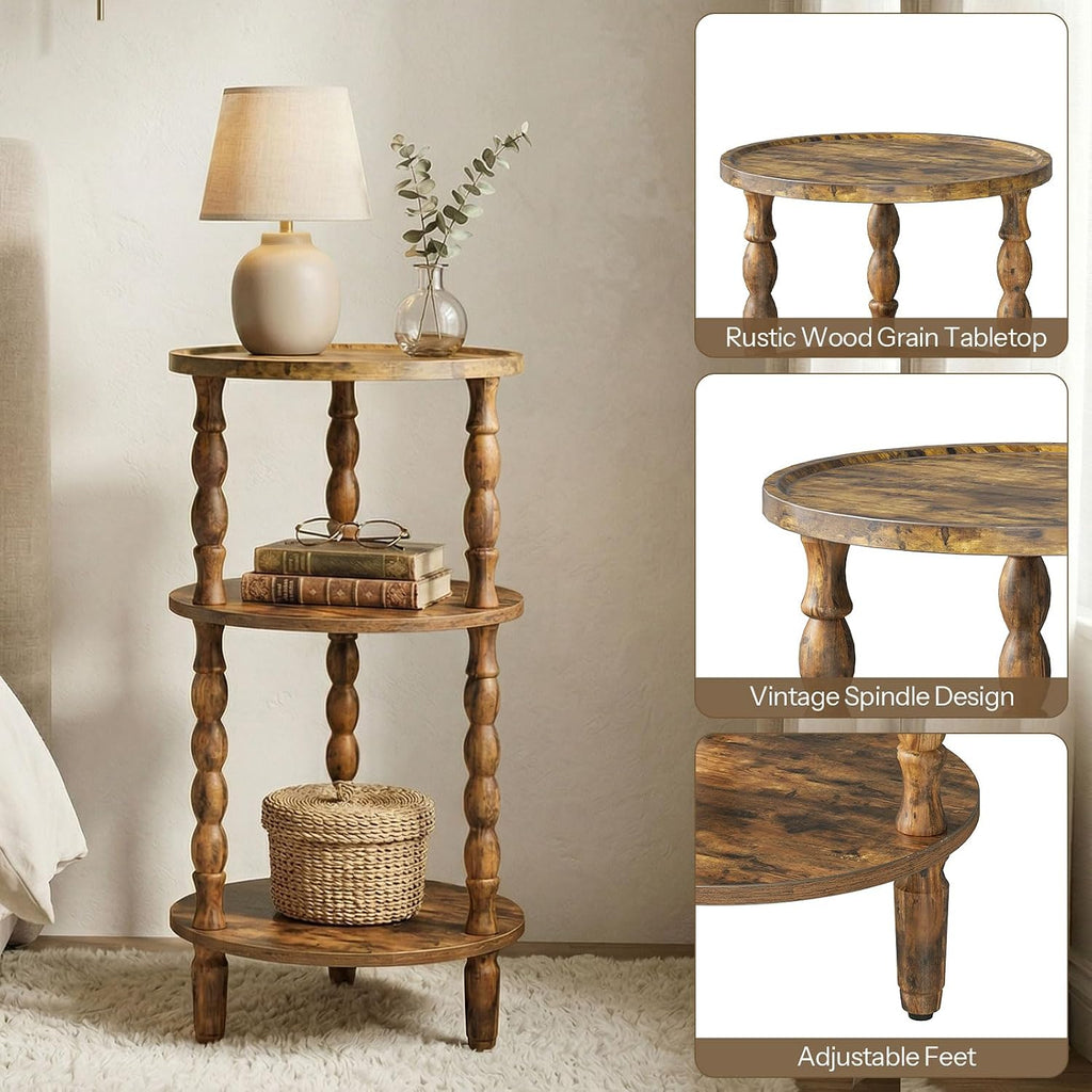 HOOBRO Round Side Table for Small Space, 3-Tier Small Round End Table with Rubberwood Leg, Accent Bedside Table, Circle Nightstand, Living Room, Bedroom, Sofa Couch, Rustic Brown FG218BZ01