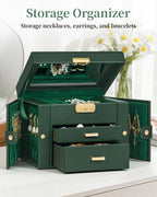 TORIBIO Jewelry Box for Women, Leather Jewelry Organizer with Mirror & Lock, 3-Tier Jewelry Storage Organizer with 2 Drawers for Girls/Women/Mothers, Necklace Earring Bracelets Holder Organizer