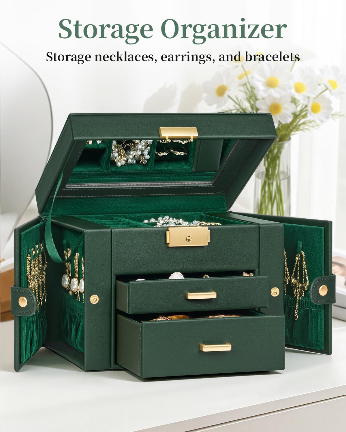TORIBIO Jewelry Box for Women, Leather Jewelry Organizer with Mirror & Lock, 3-Tier Jewelry Storage Organizer with 2 Drawers for Girls/Women/Mothers, Necklace Earring Bracelets Holder Organizer