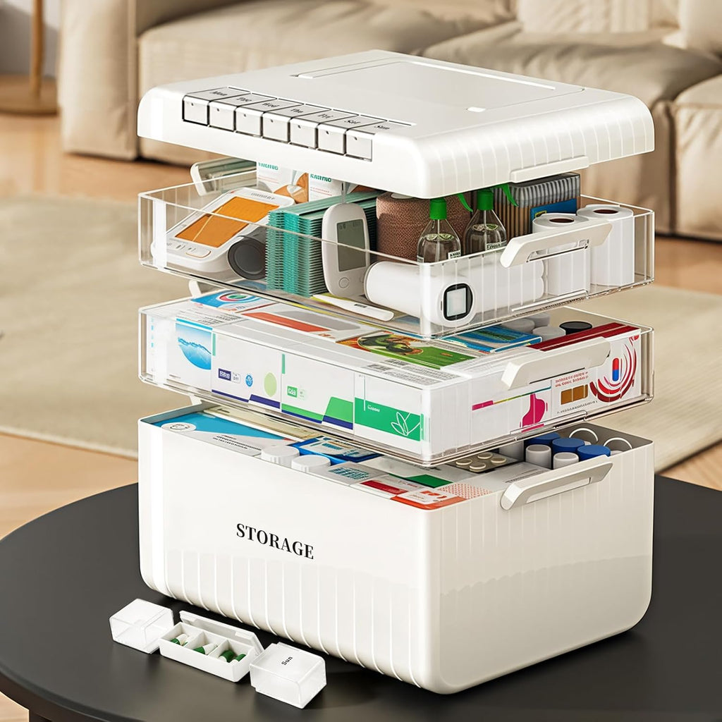 3-Tier Medicine Cabinet Organizer, Portable Medicine Cabinet with Handle, Large Capacity Medicine Storage Box, Multipurpose Medical Box with Pill Box, Empty First Aid Kit for Home, White