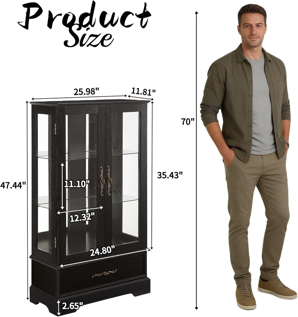 3-Tier Lighted Glass Curio Display Cabinet, 47" H Glass Storage Cabinet ...