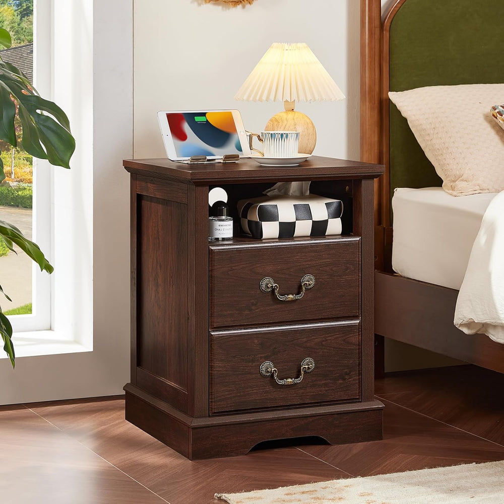 Farmhouse Night Stand with Charging Station, Walnut | 2 Drawers End Tables Be...