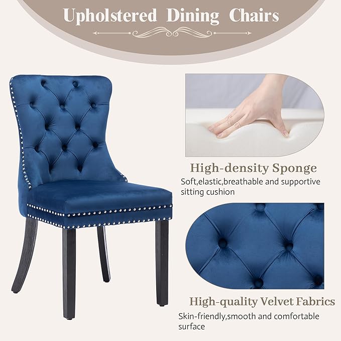 KCC Velvet Dining Chairs Set of 4, Upholstered High-end Tufted Dining Room Chair with Nailhead Back Ring Pull Trim Solid Wood Legs, Nikki Collection Modern Style for Kitchen, Blue