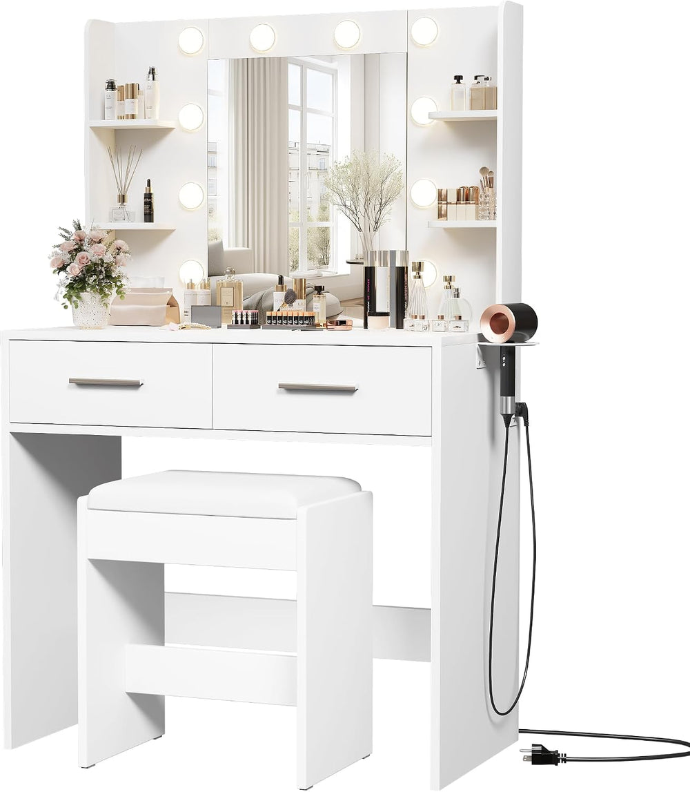 Furmax Makeup Vanity Desk with Mirror and Power Outlet, White | 3 Color Light...